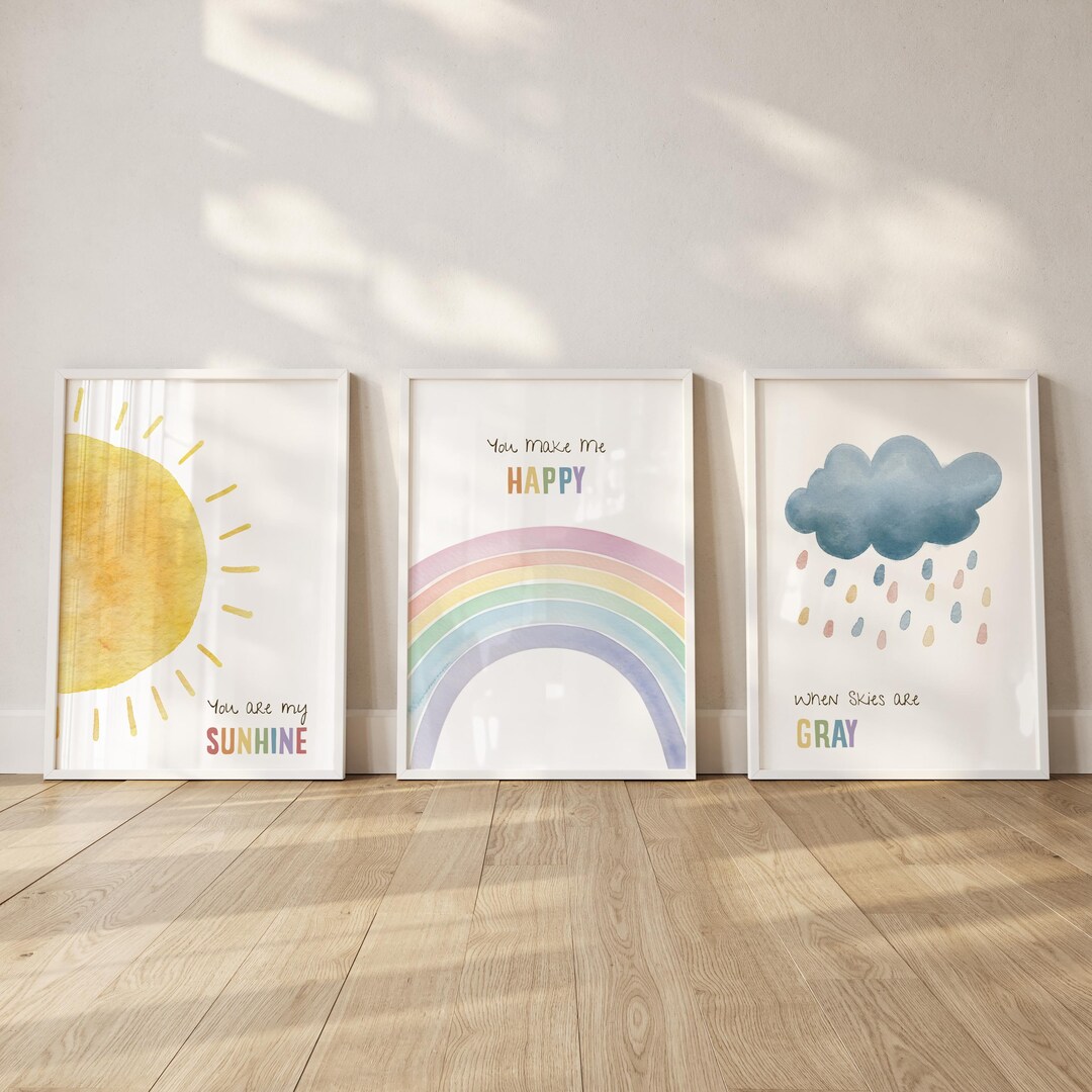 You Are My Sunshine Nursery Wall Art Set – Rainbow Cloud Watercolor ...
