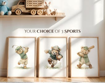 Vintage Sports Teddy Bear Prints Set of 3 – Boys Nursery Art, Choose from 12