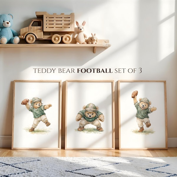 Lot de 3 oeuvres d'art murales pour chambre d'enfant football nounours – Déco pour salle de sport de bébé garçon, aquarelles vintage