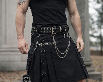 Men's Black Utility Kilt Gothic Hybrid Kilt With Belt Available in Different Colors Waist Sizes 26" to 60"