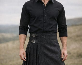 Herren Schottischer Kilt aus schwarzer Wolle 8 Yard - Traditioneller 8 Yard Highland Kilt | Verfügbare Größen (28 - 62)