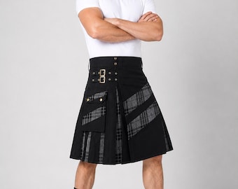 Men's Scottish Black Utility Kilt With inner Tartan Pleats – Highlander Cargo Pockets Kilt  Available in 80+ Tartans