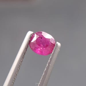 May include: A vivid, oval-shaped ruby gemstone held by silver tweezers. The ruby exhibits a deep, saturated red colour with a polished surface. The background is a soft grey, accentuating the gemstone's colour and clarity.