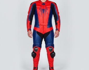 Spider-Style Red & Blue Motorcycle Racing Suit – Cowhide Leather Biker Gear | Custom Superhero Moto Suit