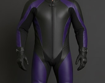 Custom Black & Purple Leather Motorbike Racing Suit - Track Day Gear - Cowhide Motorcycle Leathers