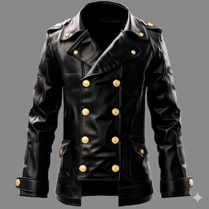 May include: A black leather jacket with a double-breasted design. The jacket features gold-colored buttons, two front pockets, and epaulettes on the shoulders. The jacket has a classic, tailored look.