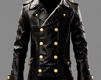 Men's Black Leather Double Breasted Jacket - Military Style Winter Coat