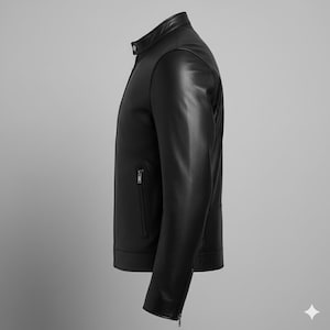 May include: A black leather jacket with a stand-up collar and a zipper closure. The jacket has a sleek, minimalist design with a side pocket and a zipper on the sleeve. The jacket is made of a smooth, shiny leather material.