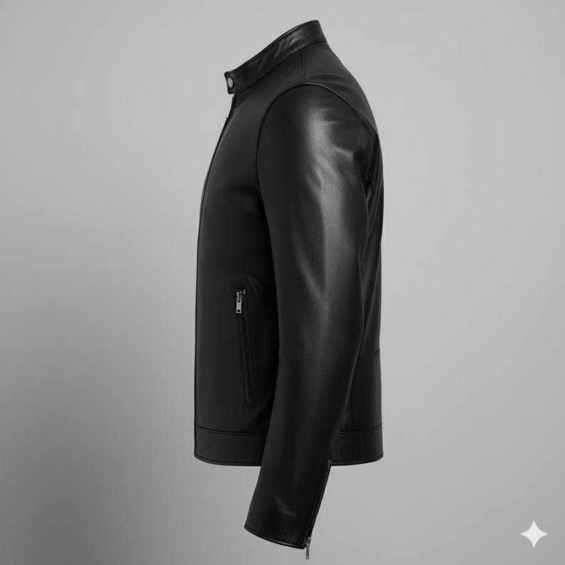 May include: A black leather jacket with a stand-up collar and a zipper closure. The jacket has a sleek, minimalist design with a side pocket and a zipper on the sleeve. The jacket is made of a smooth, shiny leather material.