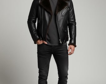 Herren Aviator Shearling Lederjacke - Schwarzer Biker-Stil mit Pelzkragen - Warmer Wintermantel