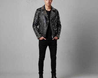 Men's Studded Leather Biker Jacket | Punk Rock Spike Motorcycle Coat, Gothic Streetwear
