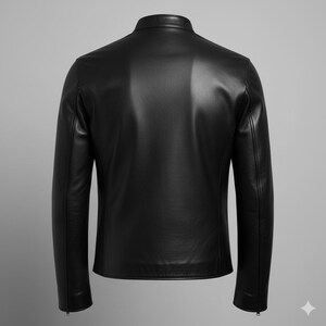 May include: A black leather jacket with a stand-up collar, viewed from the back. The jacket has long sleeves and a streamlined design. The material appears smooth and the jacket is likely made of genuine leather.