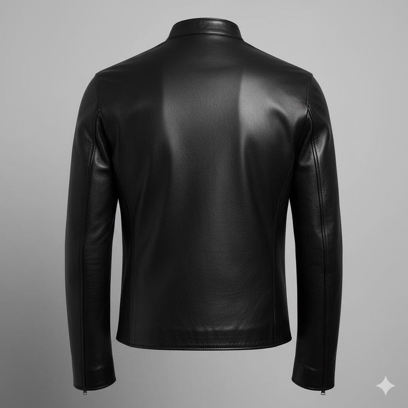 May include: A black leather jacket with a stand-up collar, viewed from the back. The jacket has long sleeves and a streamlined design. The material appears smooth and the jacket is likely made of genuine leather.
