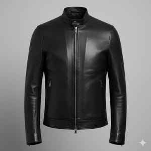 May include: A black leather jacket with a stand-up collar and a full-length zipper. The jacket has two zippered pockets and long sleeves. The leather appears smooth and has a slight sheen.