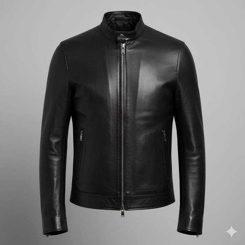 May include: A black leather jacket with a stand-up collar and a full-length zipper. The jacket has two zippered pockets and long sleeves. The leather appears smooth and has a slight sheen.