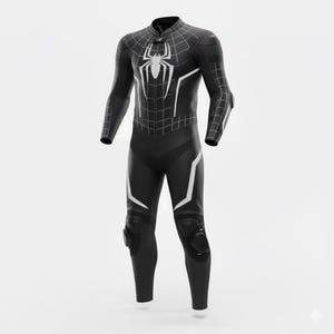 May include: Black and white full-body suit with a spider-web design. The suit features a large white spider emblem on the chest and white accents. Knee and elbow protection pads are visible. The suit is designed for protection and mobility.