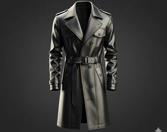 Men’s Genuine Leather Trench Coat – Classic Double-Breasted Long Coat with Belt