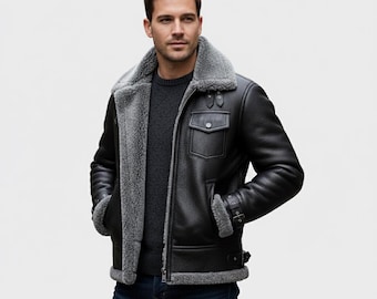 Men's Shearling Lined Black Leather Jacket - Warm Winter Aviator Style Coat