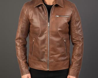 Brown Leather Zip-Up Jacket – Retro Men’s Casual Biker Coat, Vintage Motorcycle Style