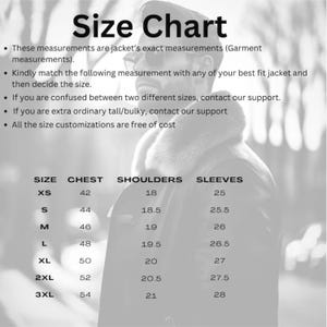May include: A black and white size chart for jackets, with measurements in inches for chest, shoulders, and sleeves. The chart includes sizes XS to 3XL, with chest measurements ranging from 42 to 54 inches.