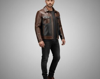 Chaqueta de cuero bicolor para hombre, chaqueta de motociclista negra y marrón.