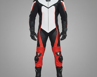 Black, White & Red Cowhide Leather Motorcycle Race Suit | Track Day Leathers
