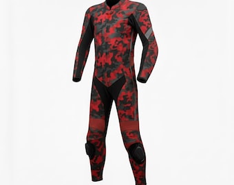 Red Camo Leather Motorcycle Racing Suit – Custom Gear for Men & Protection Suit