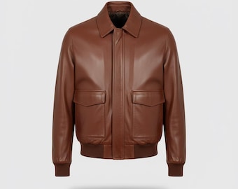 Chaqueta bomber clásica de cuero marrón estilo A-2 para hombre: chaqueta de aviador clásica
