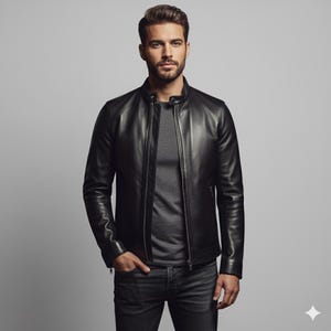 May include: A black leather jacket with a zip-up front and a stand-up collar. The jacket has a sleek, modern design and is paired with a gray t-shirt and dark-wash jeans. The model is standing in front of a gray background.