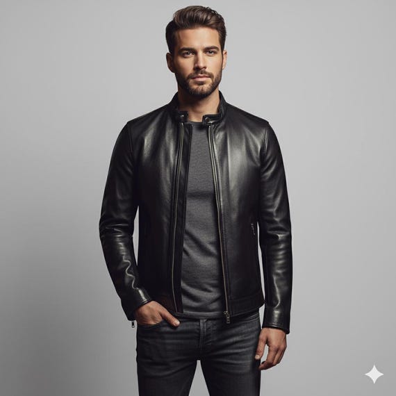Men's Black Leather Cafe Racer Jacket | Zip-Up Moto Biker Style | Minimalist Stand Collar Coat