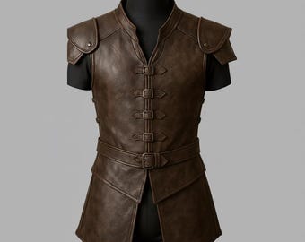 May include: Brown leather vest with shoulder pads and multiple buckle closures. The vest has a V-neck and a fitted design. The garment is displayed on a black mannequin, showcasing its details and craftsmanship. The vest appears to be a medieval or fantasy-inspired garment.