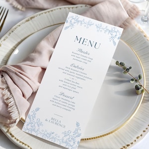 Dusty Blue Floral Wedding Table Menu Template, Editable Canva (Digital Download) - EVERLEIGH BLUE