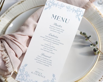 Dusty Blue Floral Wedding Table Menu Template, Editable Canva (Digital Download) - EVERLEIGH BLUE