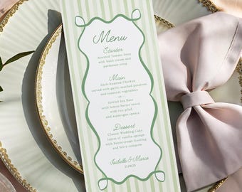 Groen gestreept menu, bewerkbare canvassjabloon klassieke bruiloft of vrijgezellenfeest, (digitale download) - WENDOVER GREEN