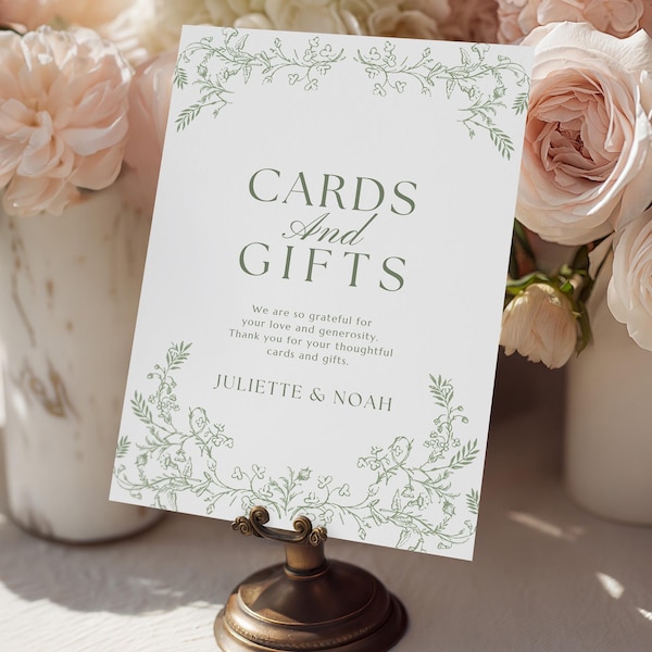 Sage Green Floral Wedding Cards and Gifts Table Sign, Editable Canva Template (Digital Download) - EVERLEIGH GREEN