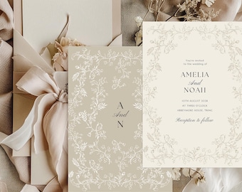 Classic Beige Wedding Invitation, Editable Canva Template (Digital Download) - EVERLEIGH CLAY