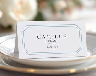 Tarjetas de lugar minimalistas, elegantes tarjetas de nombre para boda en azul empolvado, plantilla editable (descarga digital) - CHILTERN BLUE