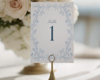 Bröllopsskylt med dammblå blommiga siffror, Canva-mall (digital nedladdning) - EVERLEIGH BLUE