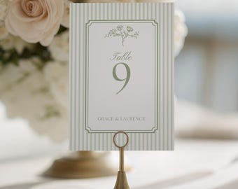 Sage Green Table Number Template, Striped Floral Garden Wedding Sign, Instant Download - ASHDOWN GARDEN