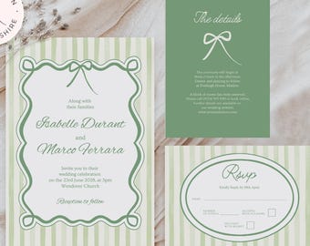 Invitación de boda a rayas verdes, plantilla editable para Canva (descarga digital) - WENDOVER GREEN