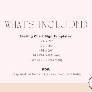 Puede incluir: Gr&aacute;fico rosa claro con el texto "WHAT'S INCLUDED". Enumera plantillas de planos de asientos en varios tama&ntilde;os, incluyendo 24 x 36 pulgadas, 20 x 30 pulgadas y 18 x 24 pulgadas. Tambi&eacute;n incluye tama&ntilde;os A1 (594 x 841 mm) y A2 (420 x 594 mm).