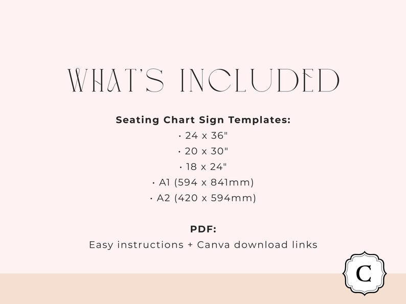 Puede incluir: Gr&aacute;fico rosa claro con el texto "WHAT'S INCLUDED". Enumera plantillas de planos de asientos en varios tama&ntilde;os, incluyendo 24 x 36 pulgadas, 20 x 30 pulgadas y 18 x 24 pulgadas. Tambi&eacute;n incluye tama&ntilde;os A1 (594 x 841 mm) y A2 (420 x 594 mm).