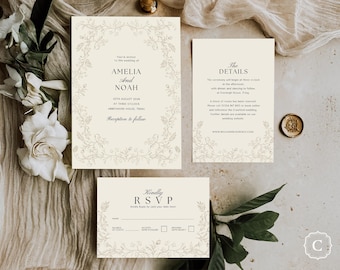 Classic Beige Floral Wedding Invitation Suite, Editable Canva Template (Digital Download) - EVERLEIGH CLAY