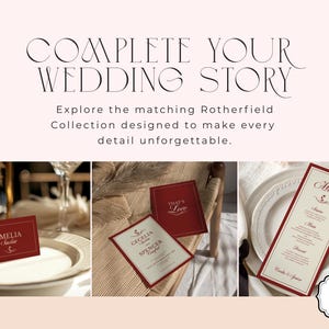 Puede incluir: Juego de papeler&iacute;a de boda con un esquema de color burdeos y crema. La imagen muestra tarjetas de sitio, un men&uacute; y una tarjeta con el texto "That's Love". El texto "COMPLETE YOUR WEDDING STORY" est&aacute; en la parte superior.