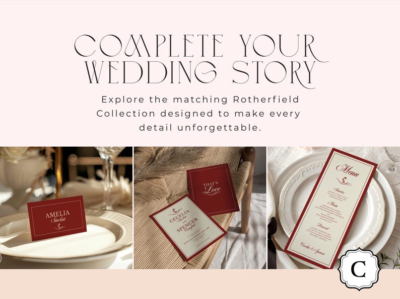 Puede incluir: Juego de papeler&iacute;a de boda con un esquema de color burdeos y crema. La imagen muestra tarjetas de sitio, un men&uacute; y una tarjeta con el texto "That's Love". El texto "COMPLETE YOUR WEDDING STORY" est&aacute; en la parte superior.