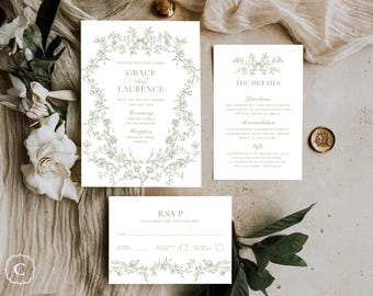 Sage Green Wedding Invitation Set, Vintage Floral Garden Invite Suite, Digital Download - ASHDOWN GARDEN