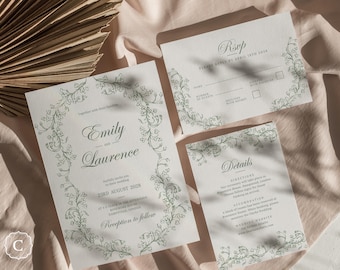 Sage Green Floral Wedding Invitation Suite, Vintage Chinoiserie Invite Set, Editable Template (Digital Download) - HAMPSTEAD GREEN