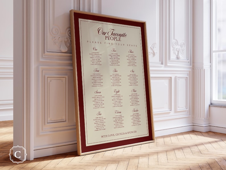 Plano de mesas para bodas en color burdeos de la vieja aristocracia, elegante plantilla de plano de mesas (descarga digital) – ROTHERFIELD imagen 1
