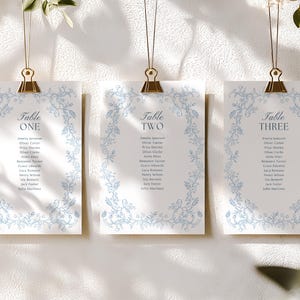 Dusty Blue Floral Wedding Seating Chart Cards, Editable Canva Template (Digital Download)