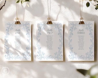 Tarjetas de asientos para boda con diseño floral en azul polvoriento, plantilla editable de Canva (descarga digital)